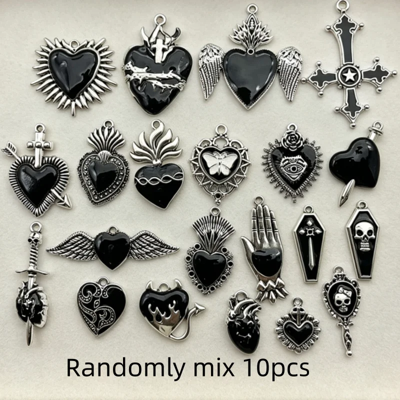 10Pcs Gothic Black Enamel Alloy Charms Mixed Vintage Heart Cross Skull Coffin Metal Pendants For DIY Earrings Bracelet Keychain