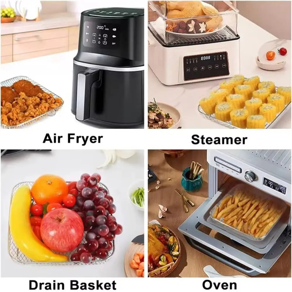 1Pc Air Fryer Rack Stackable Grilling Rack Stainless Steel Grill Basket Non-Stick Airfryer Tray Wire Rack Basket Kitchen Gadgets