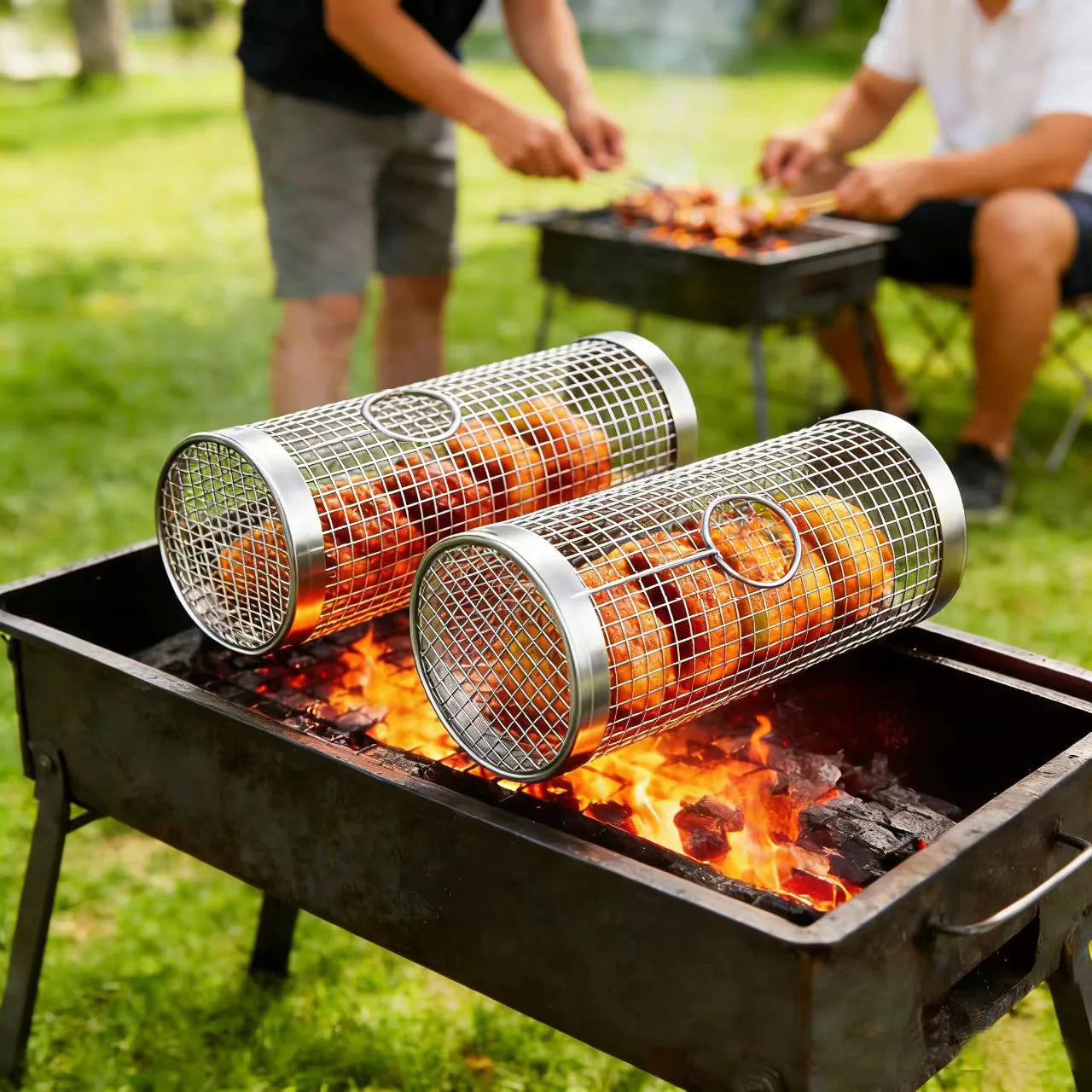 Round BBQ Basket Stainless Steel Camping Grill Mesh Cooking Tool Outdoor Picnic Camping Bonfire Party Barbecue Grilling Basket