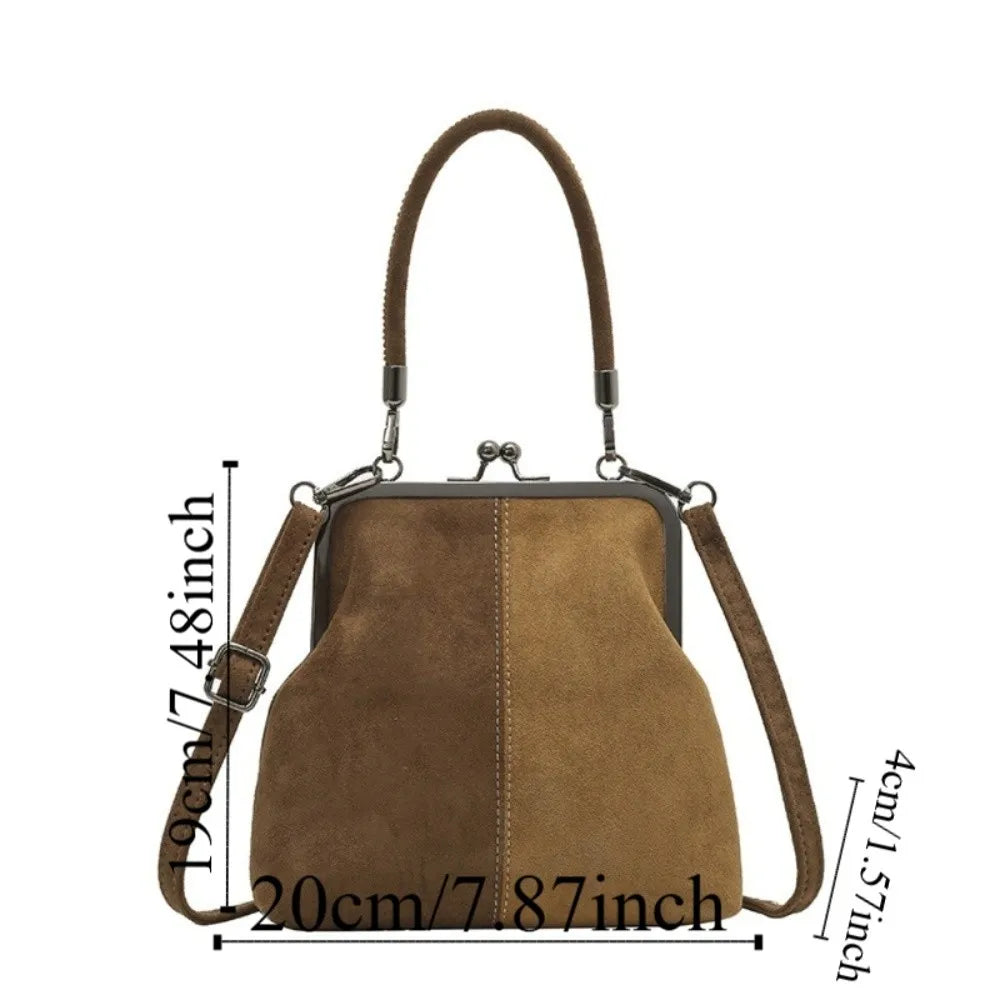 Large Capacity Retro Frosted Handbag Kiss Lock Short Handle Leather Crossbody Bag Clip Closure PU Clutch Shoulder Bag