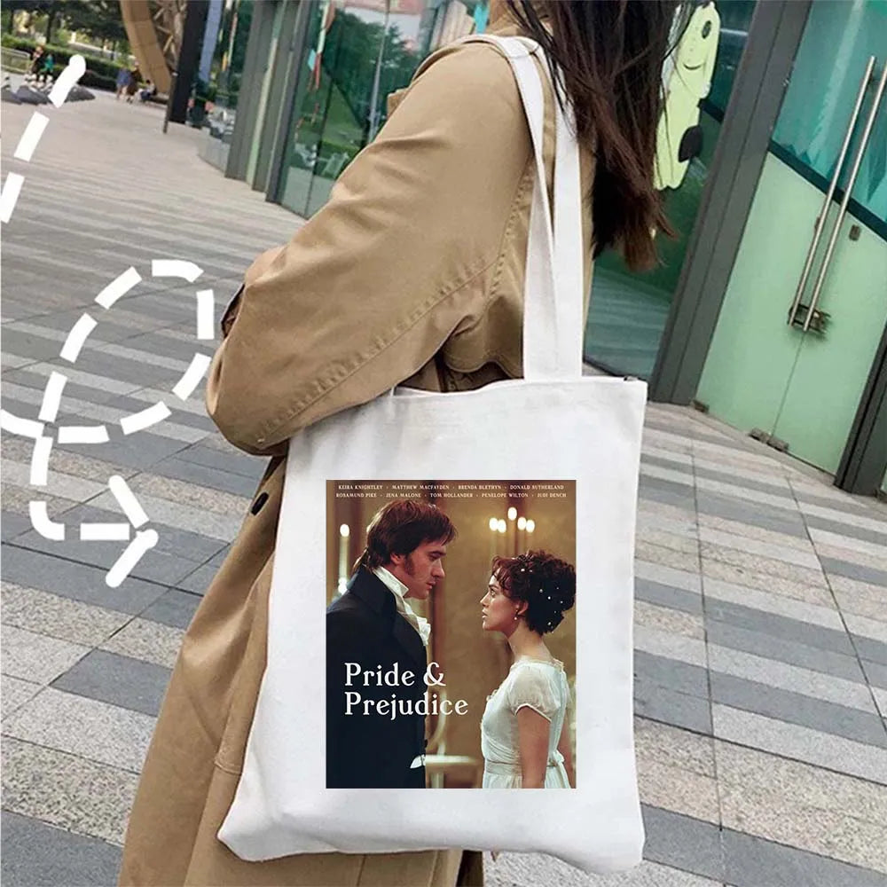 More Pride Less Prejudice Jane Austen Pride Prejudice Elizabeth Darcy Book Bennet Cartoon Shopper Canvas Tote Bag Cotton Handbag