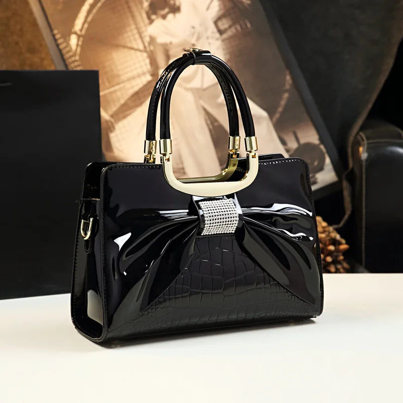 2024 Women Luxury Designer Glossy Leather Evening Handbags Ladies Casual Crossbody Shoulder Bag Fashion Diamond Bow Tie Totes