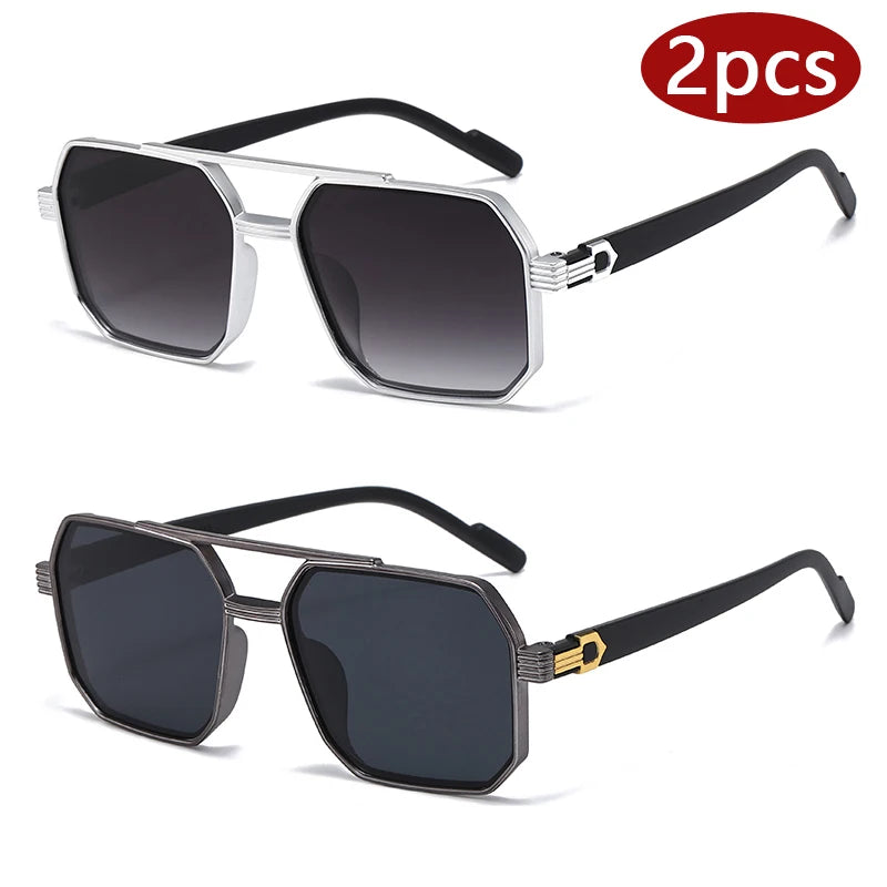 Hiking 2pcs Trendy Metal Polygonal Pilot Anti Light Glasses Luxury Double Beam Men Eyewear Outdoor Driving Shade Sunglasses