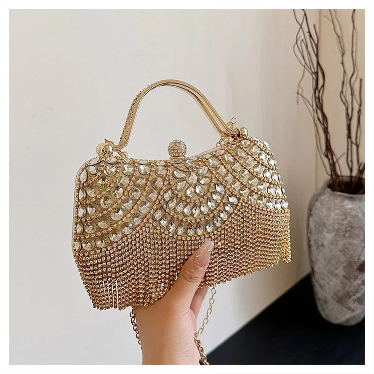 Women Hand Bag Rhinestone dinner bag, tassel hand-held banquet bag, fashionable socialite evening gown, single shoulder slanted