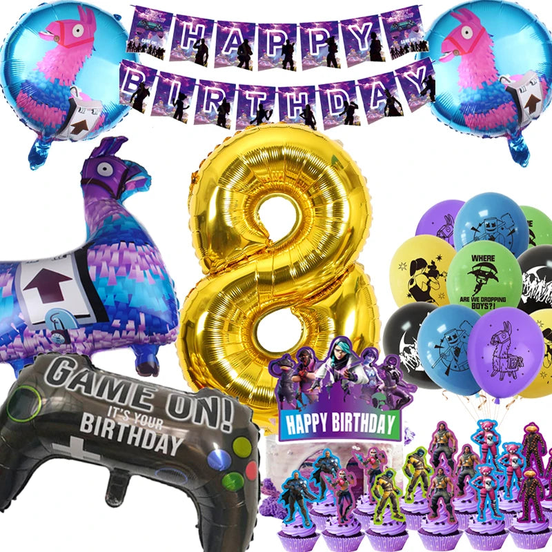New Shooting Games Party Supplies Fortniton Birthday Decoration Balloons Noise Makers Disposable Tableware Tablecloth Cups Gifts