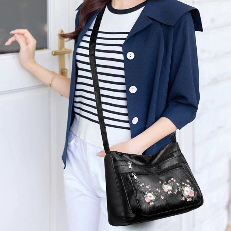 Graceful Floral-Embroidered Faux Leather Shoulder Bag Adjustable-strap Lightweight for Daily Commute Casual Bag