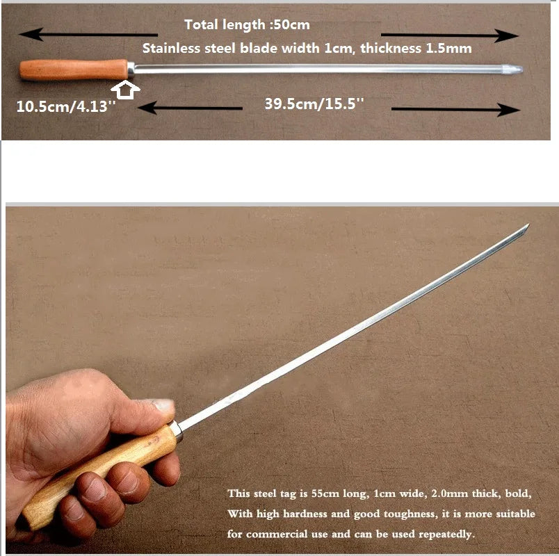 6pcs BBQ Skewers 50cm V-type Long Handle Shish Kebab Barbecue Grill Stick Wood BBQ Fork Stainless Steel Outdoors Grill Needle