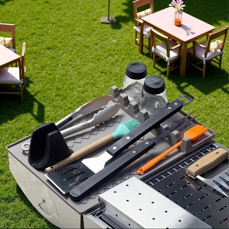 Silicone  Mat for Side Burner Rack Kitchen Utensil Storage Holder Outdoor Grill Countertop Silicone Pad with Drip Tray