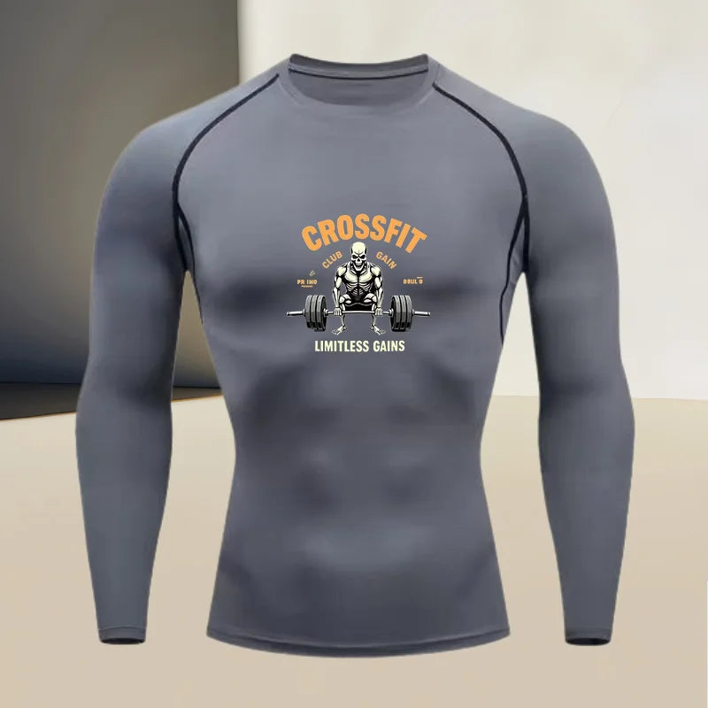 Men's long sleeved round neck thin sports tight fitting quick drying T-shirt, suitable for bodybuilding and physical training