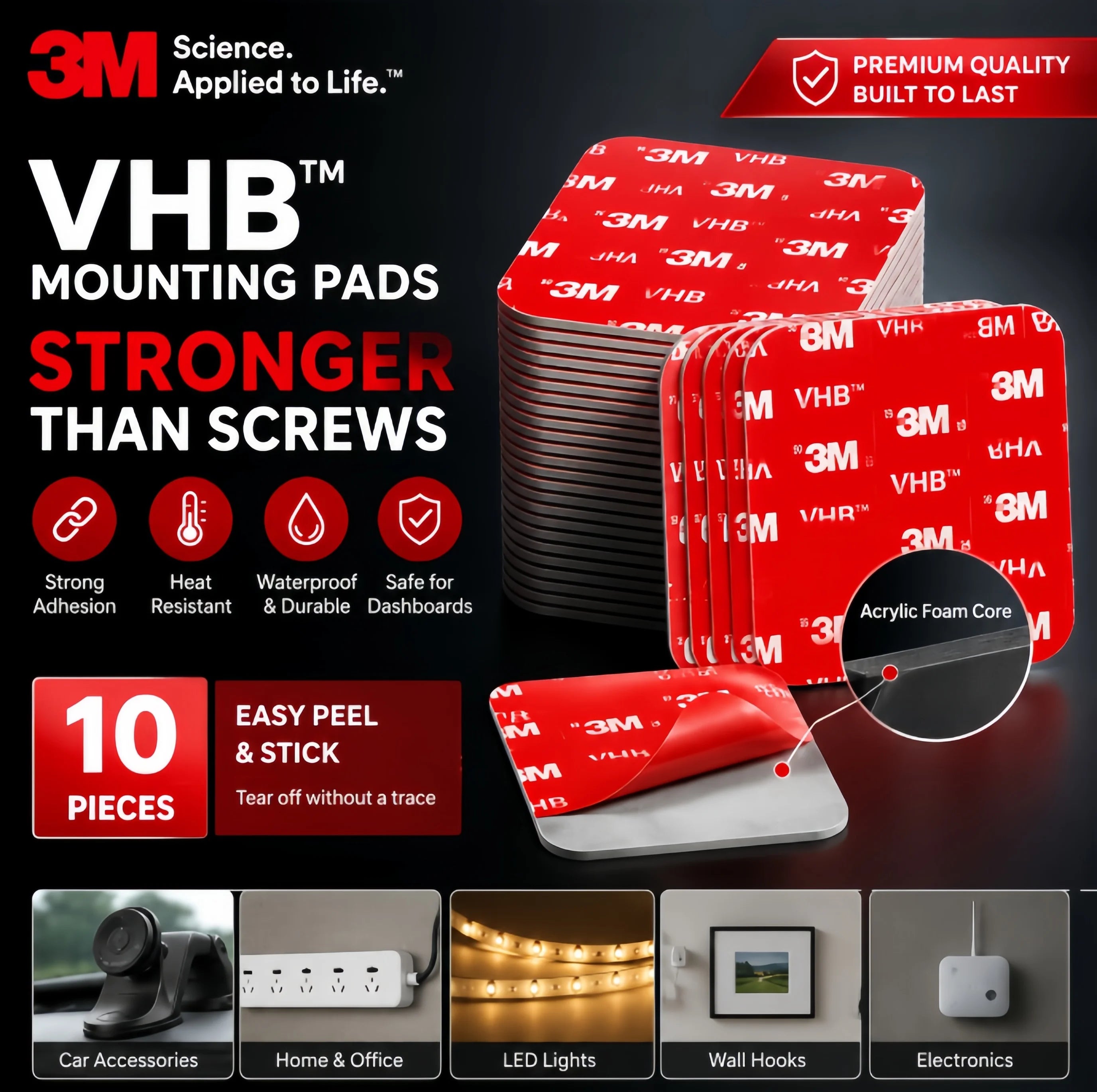 Original 3M VHB Double Sided Foam Tape Heavy Duty Adhesive Dash Cam Mount Mounting Tape Black for Automotive Car Home Use