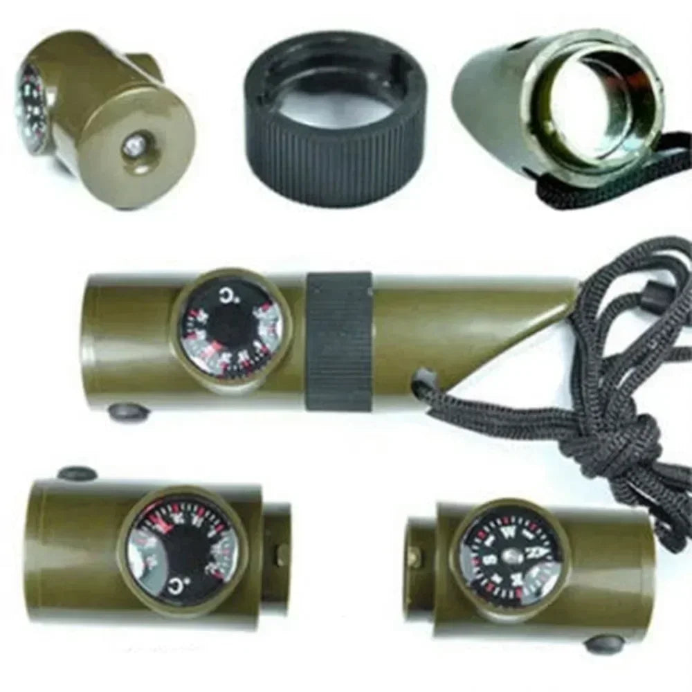 1Pcs 7 in 1 Multifunction Survival Whistle Compass Thermometer LED Light Outdoor Emergency Rescue Camping Hiking Safety Tool EDC
