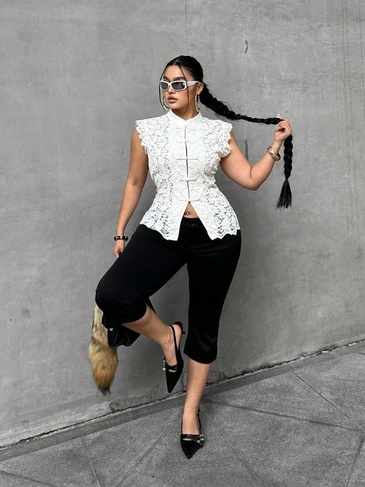 Plus Size Elegant Lace Blouse, Mandarin Collar Frog Button Sleeveless Shirt, Slim Fit Casual Vacation Top for Women
