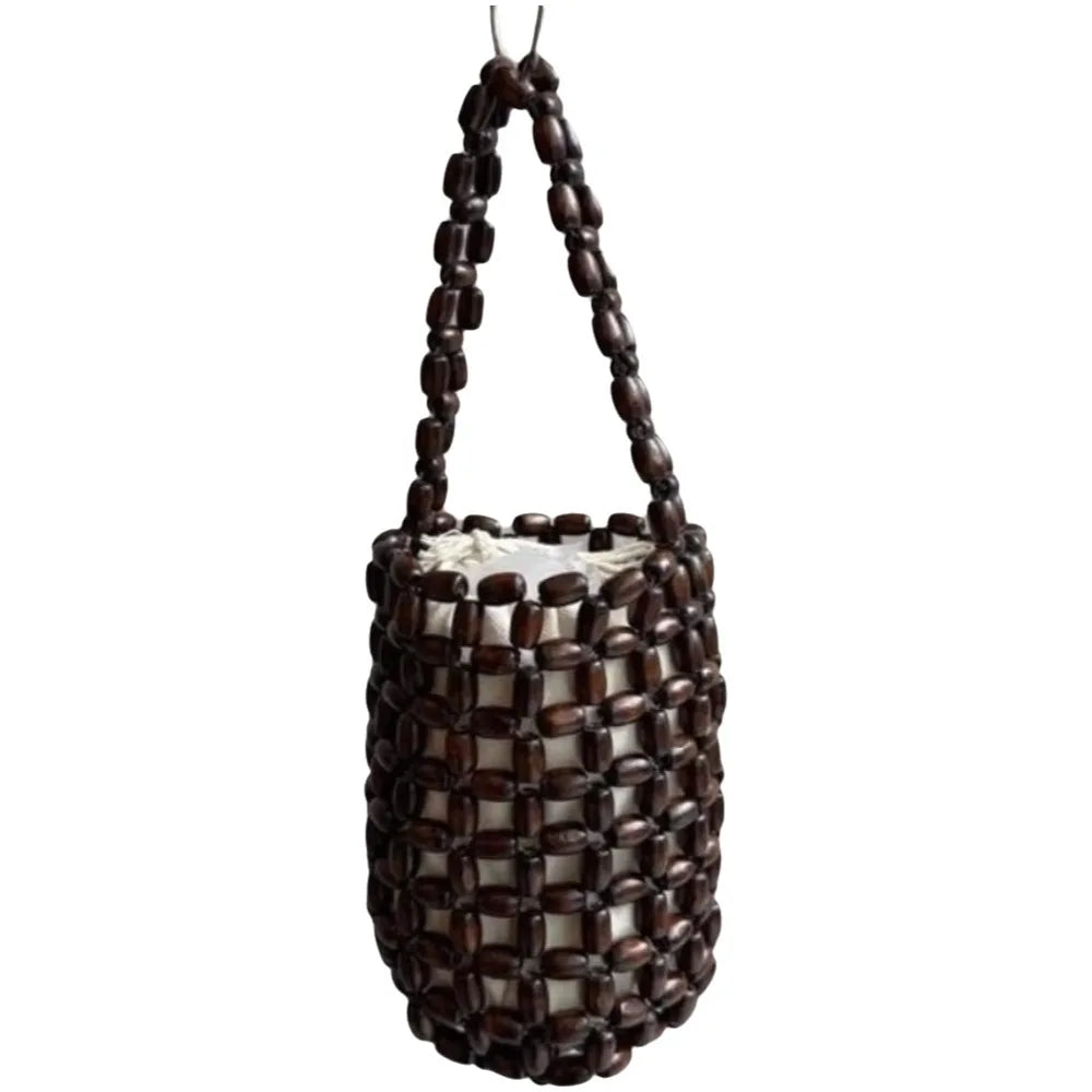 Vintage Handmade Beaded Woven Bag Solid Color Boho Hollow Bucket Bag Wrist Bag With Inner Pocket Openwork Bag Girls