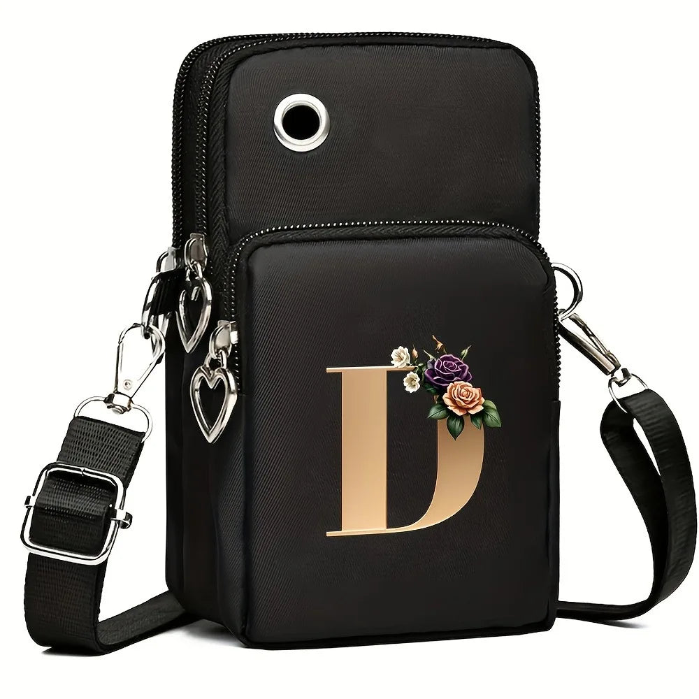 Fashion A-Z Letter Print Women's Crossbody Bag Large Capacity Three-Layer Zipper Phone Bag Daily Travel Coin Purse