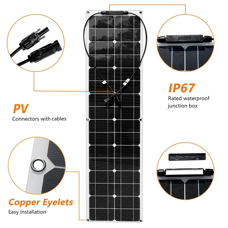45W 50W 18V ETFE Flexible Monocrystalline Solar Panel Solar Cable Cell Battery System Kit for Marine Camping Boat RV Charging