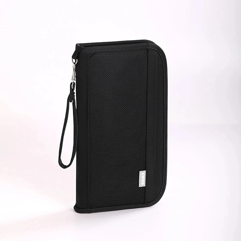 RFID Blocking Passport Holder Travel Document Organizer with Wrist Strap Multifunctional Zippered Wallet for Airline Tickets Car