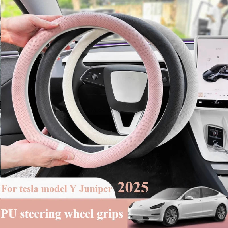 PU Leather Steering Wheel Cover for Tesla Model Y Juniper Anti Slip Steering Replacement Protect Cover Interior Accessories