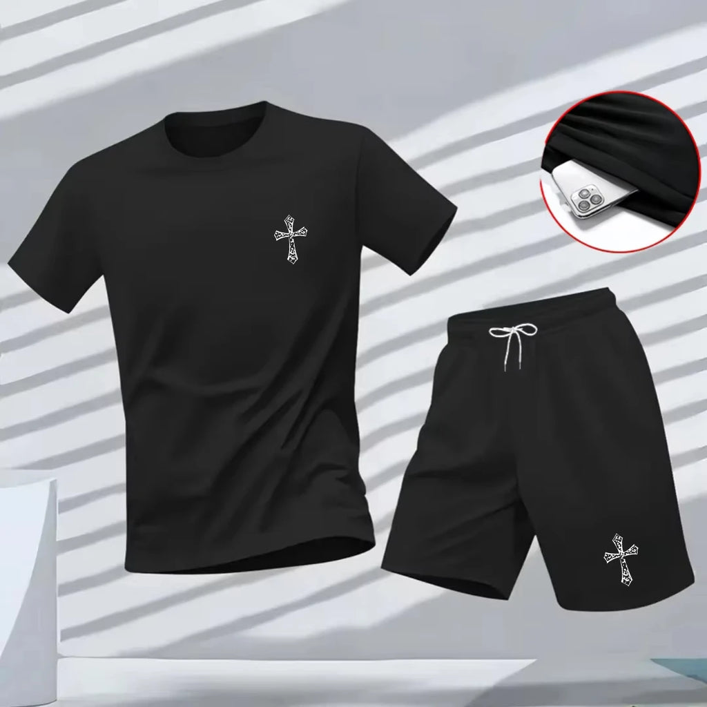 New high-quality men's summer T-shirt, Harajuku summer hip-hop men's fitness and sports round-neck top and shorts set, fashionab