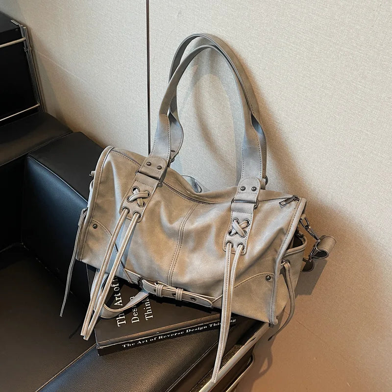 Women's Vintage Faux Leather Tote Bag, Large Capacity Crossbody Shoulder Purse with Lace-Up Detail, Casual Streetwear Use