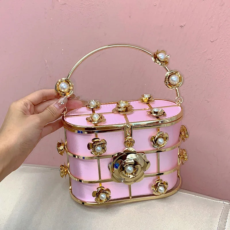 Metallic Evening Bag Flower Handbag Hollow Out Womens Bag Luxury Design Rhinestone Diamond Dinner Bags For Party Wedding Bag