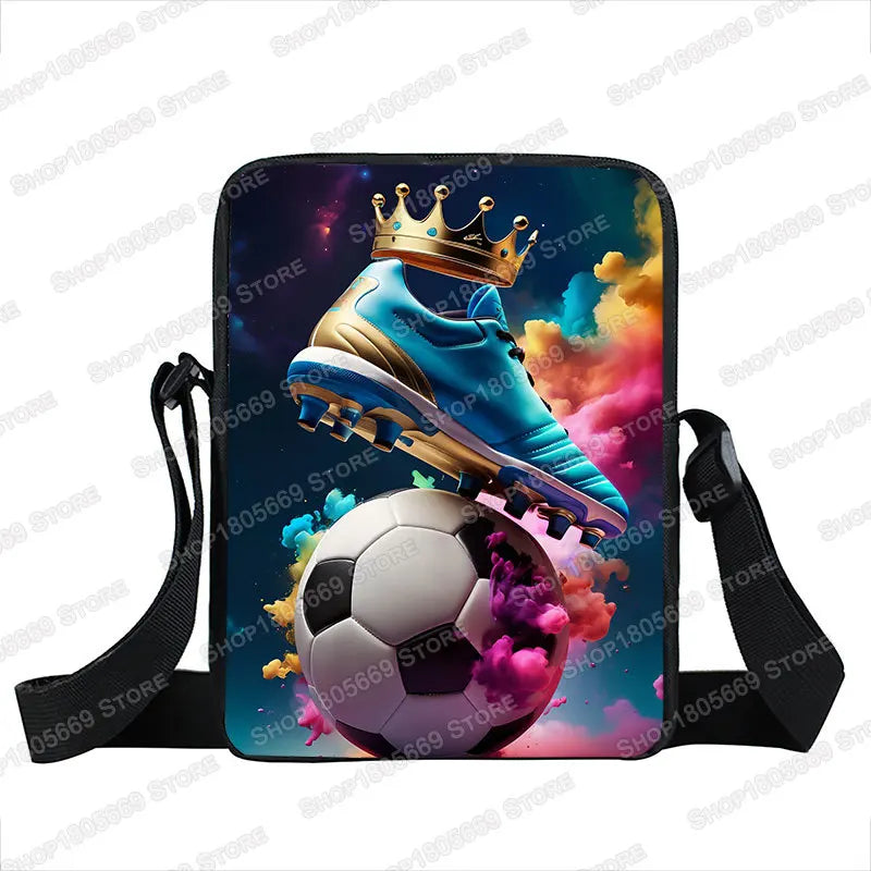 Cool Golden Soccer with Crown Print Crossbody Bags Hot Blood Football Sport Handbags Teenagers Boys Girls Phone Holder Bookbag