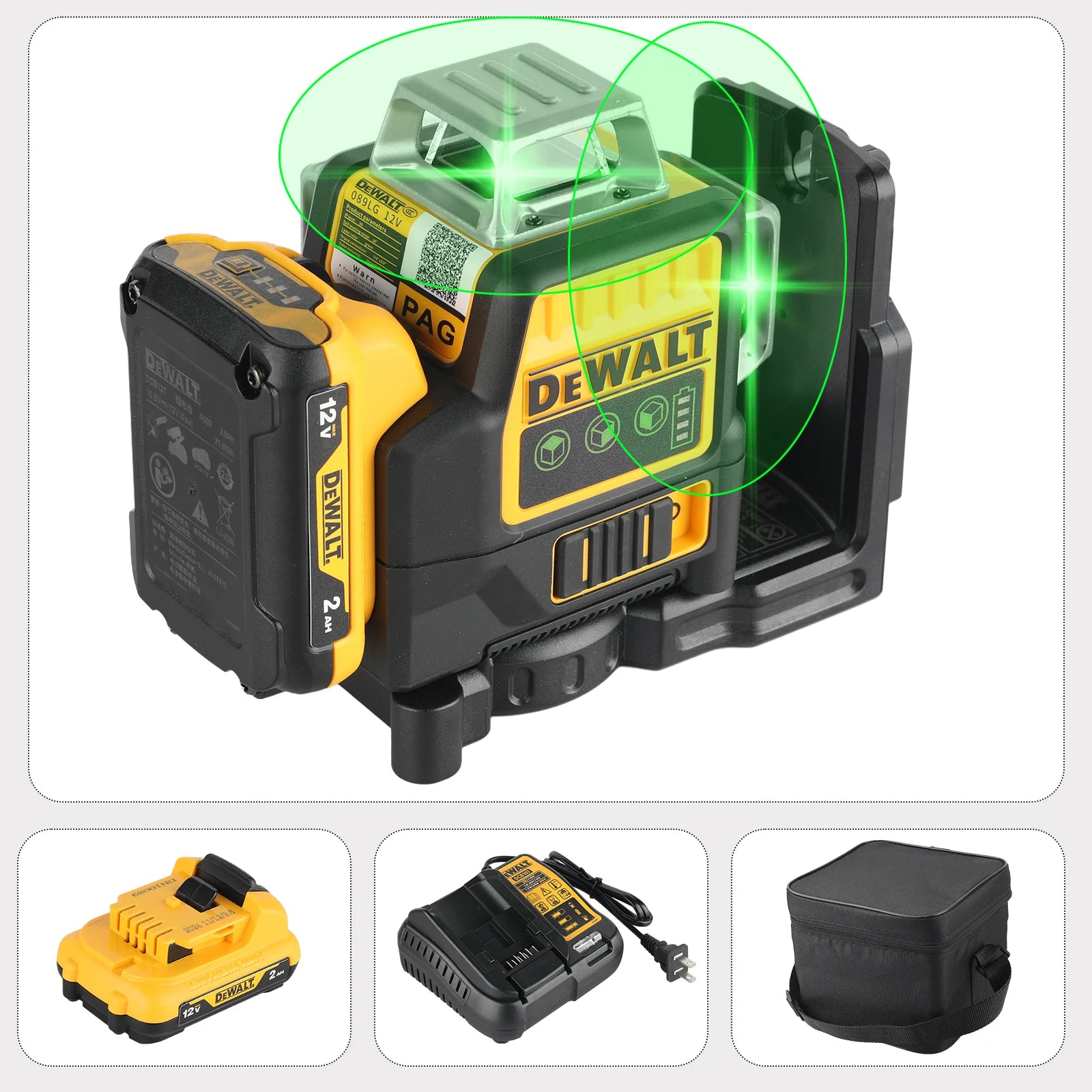 DeWalt DW089LG 12 - Line 3 - Side 360° All - Around Green - Light Laser Level for Outdoor Use - Ideal for Precise