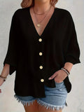 Plus-size Women's T-shirt Solid Color Breathable Spring/summer V-neck Button Travel Casual Wear with European and American Style