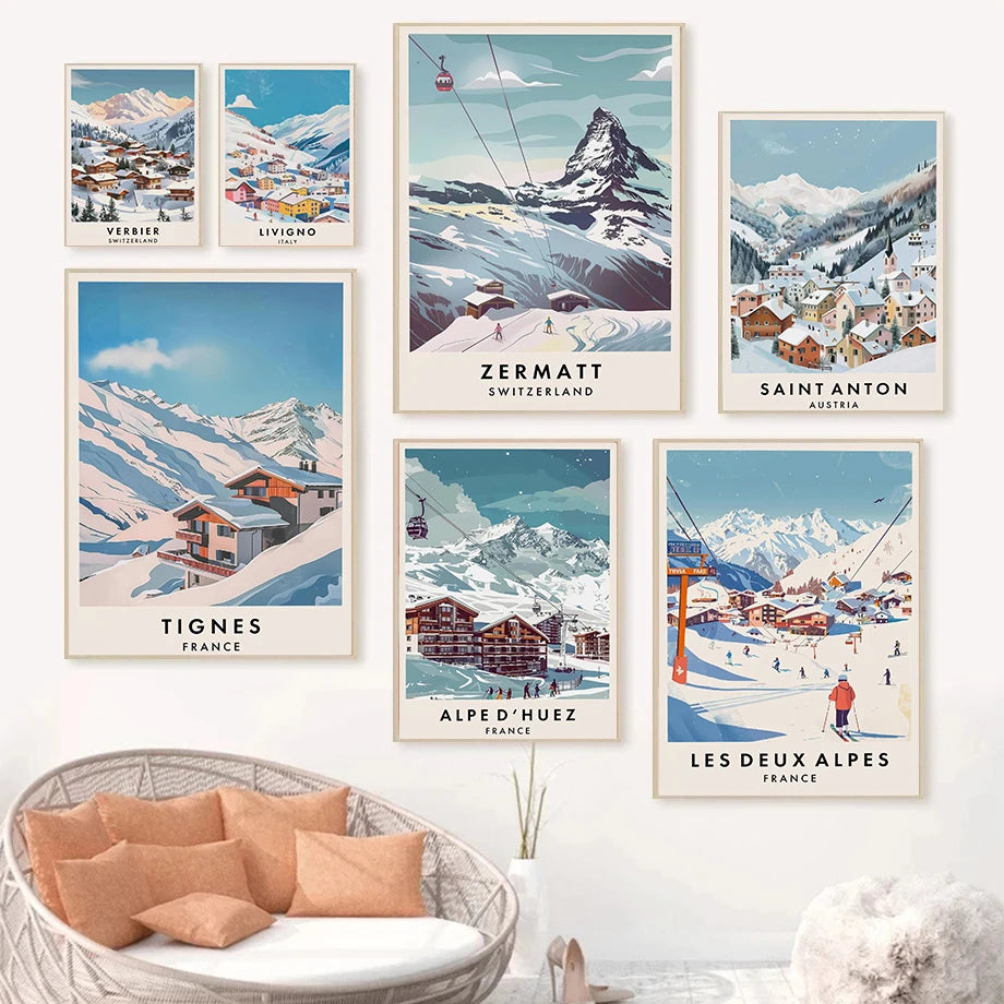 Famous Ski Resorts Travel Posters France Alpes Saint Anton Snow Mountain Prints Canvas Painting Wall Art Picture Home Room Decor