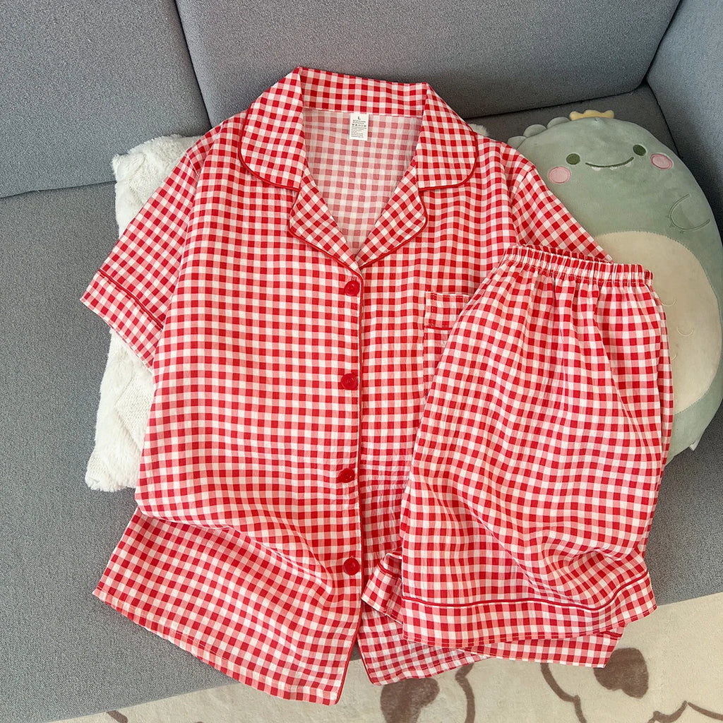 Women's Summer Pajamas, Thin Plaid Pattern Short-Sleeved Shorts, Sweet and Cute, Can Be Worn Outside in Summer, Two-Piece Home Wear Set