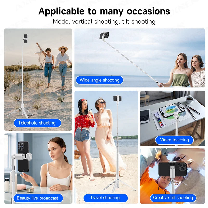 White Selfie Stick Tripod Portable 70 Inch All-in-one Auto Pop Open Wireless Bluetooth Magnetic Remote Control Smartphone Stand