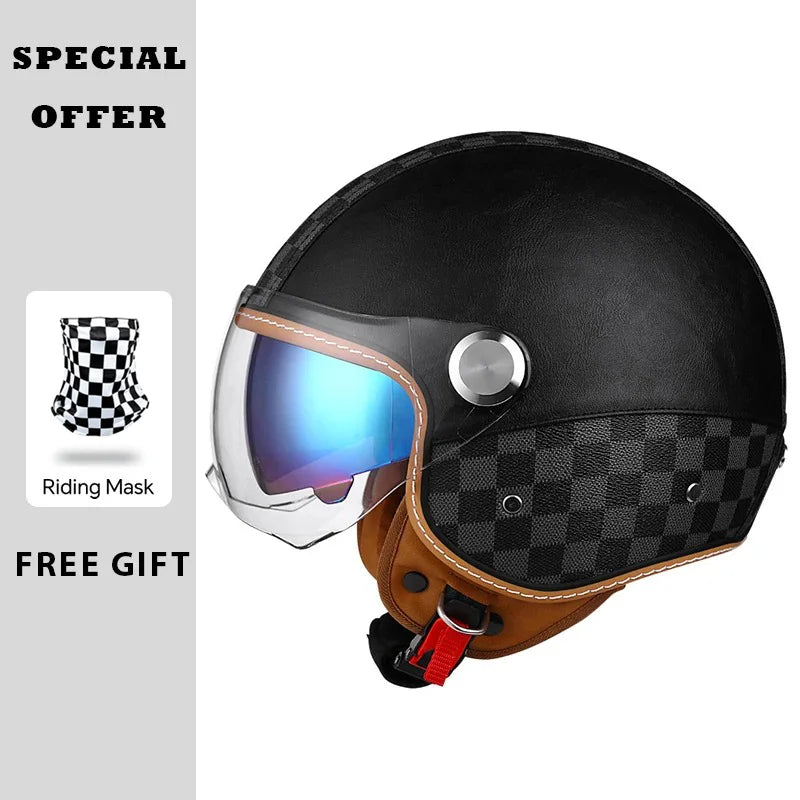 Open Face Helmet Vintage Leather Motorcycle Helmets Double Visor DOT Approved Retro 3/4 Jet Half Helmet with Inner Lens