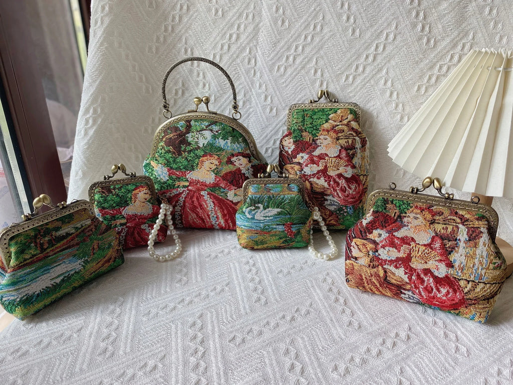 Lost in Vintage 1950s Tapestry Figural Purse Aubusson Clutch Figural Bamboo Handle Bag Vibrant Scenic and Romantic Figures Lamb