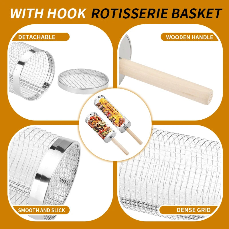 Rolling Grill Baskets for Outdoor Grill,  Basket with Removable Wooden Handle, Camping Picnic BBQ Accessories Tools for Grilling