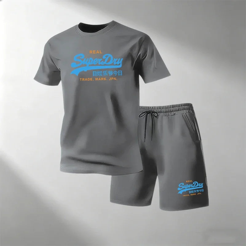 Summer Street Fitness Men's T-Shirts Sets Short Sleeve T-Shirt + Shorts Quick Dry Breathable Round Neck Running Suit Hot Sale