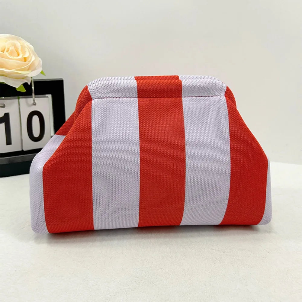 Knitted striped handbag dinner work beach large capacity daily versatile color contrast commuter clip bag women