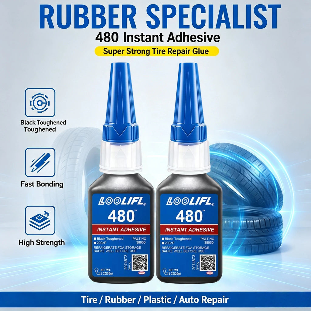 2 Bottles LOOLIFL 480 Rubber Repair Glue, Instant Strong Adhesive for Tire, Rubber, Plastic, Leather, Shoe and Auto Seal Repair