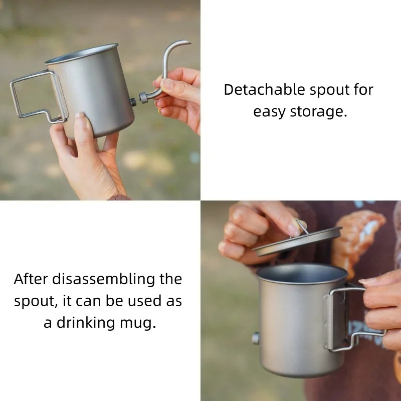 380ml Titanium Pour Over Coffee Kettle, Gooseneck Spout with Folding Handle, Lightweight Portable for Camping Hiking Travel