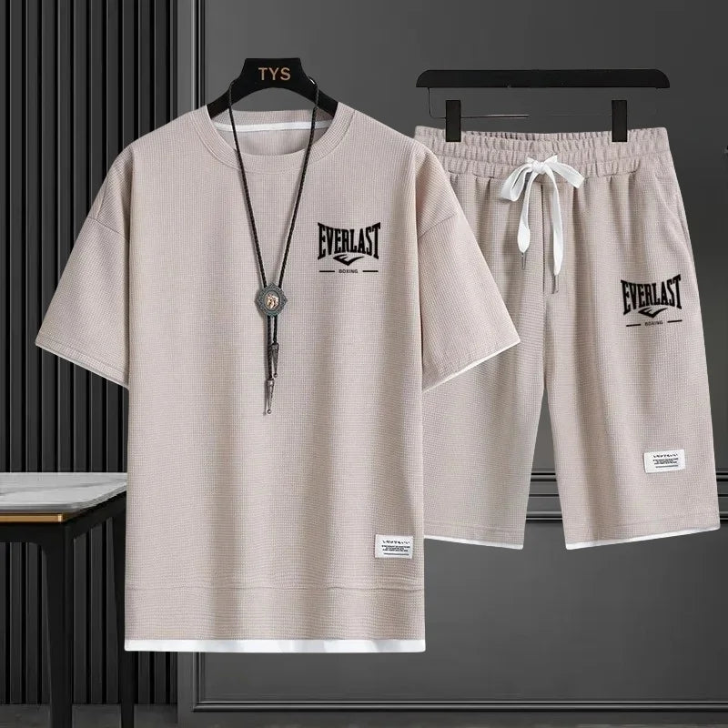 EVERLAST New Summer Men's Daily Casual Breathable Comfortable Loose Sports Set Fashion Brand Men's Waffle Top+Shorts 2-piece Set