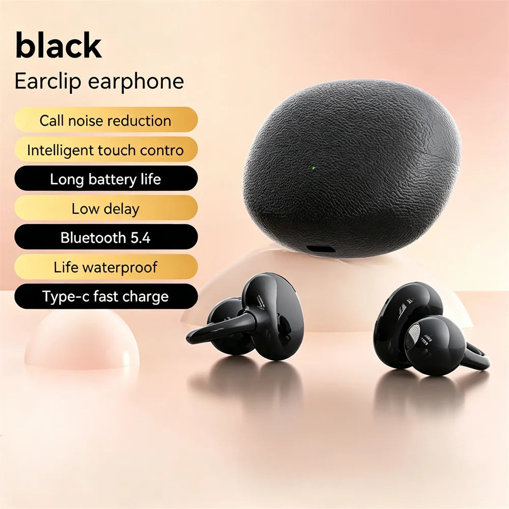 OWS Fashion Ear Clip Bluetooth Wireless Earphone Leather Texture Long Endurance Sports Run Sports Call Noise Reduction Headphone