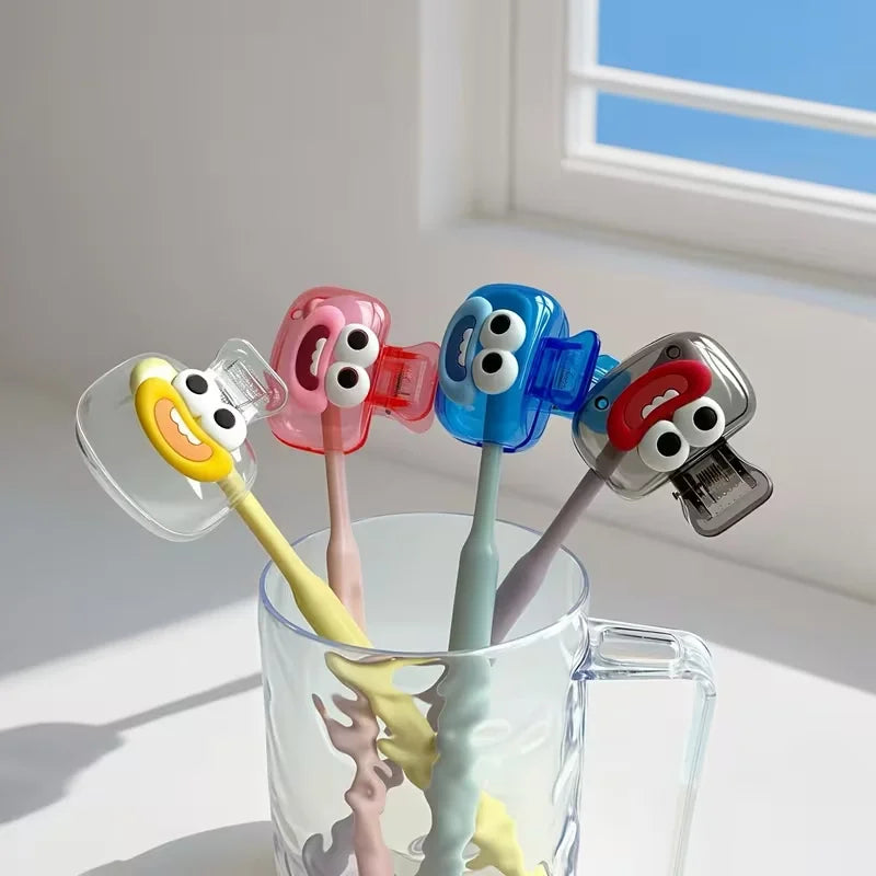 4-piece new cute and cheerful face-shaped toothbrush set in dopamine color combination with toothbrush dust cover