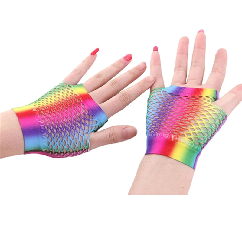 1Pair Rainbow Color Ladies Sexy Mesh Net Fishnet Gloves Women Hollow Out Holes Fingerless Gloves Mountaineering Gloves
