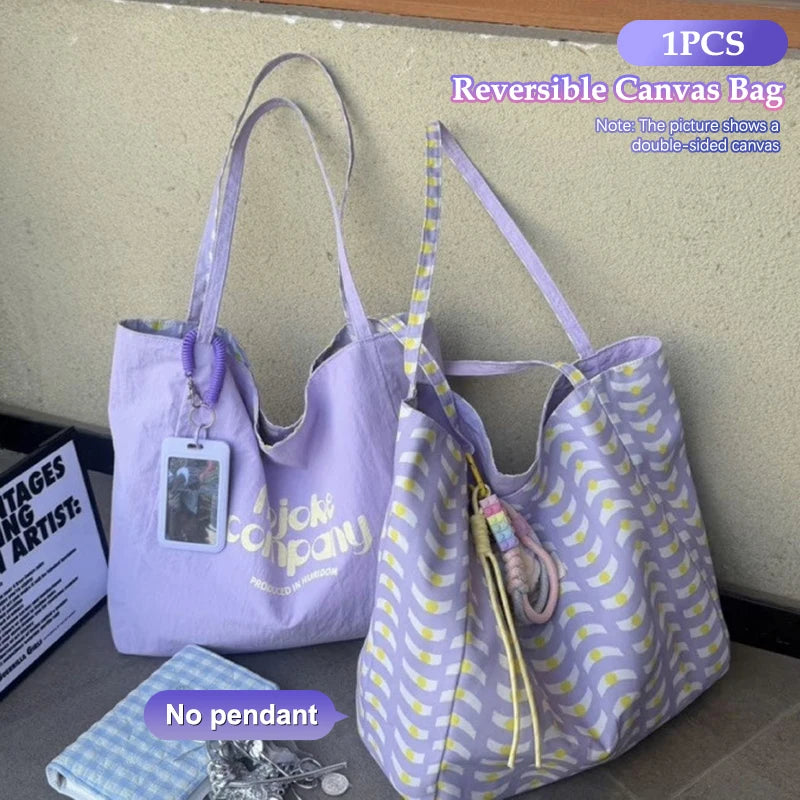1PCS Korean Style Reversible Canvas Tote Bag Large Capacity Casual Shoulder Bags For Women Student Work Gift Shopping Bags