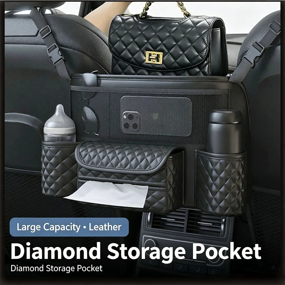 Car Storage Bag Nappa Leather Car Storage Bag between the Center Console and Seat Backrest Bag Multi-Functional Storage Bag
