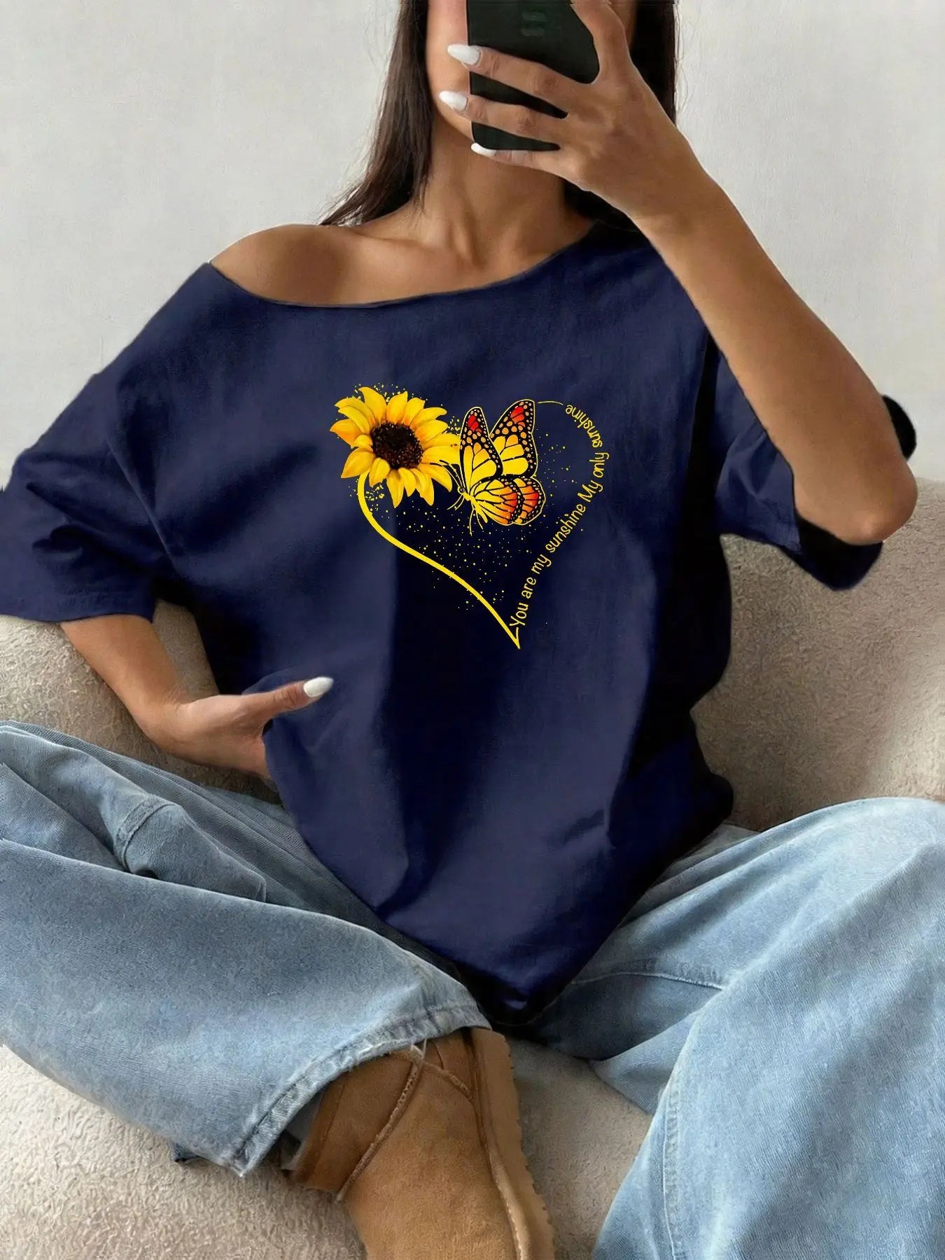 100% Cotton Plus Size Sunflower Butterfly Print Shoulder Loose Print T-Shirt Oversized Y2K Style Graphic Tees Women Tops Summ