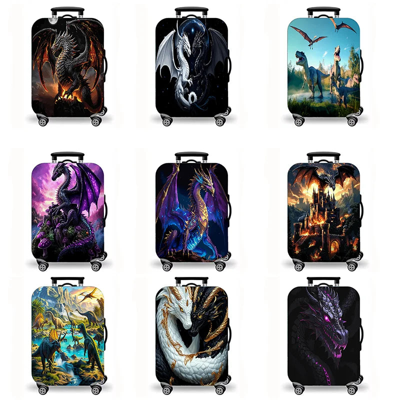 Luggage Cover, Fantasy Dragon Dinosaur Print Stretch Suitcase Protector, Medieval Castle Mythical Creature Travel Design