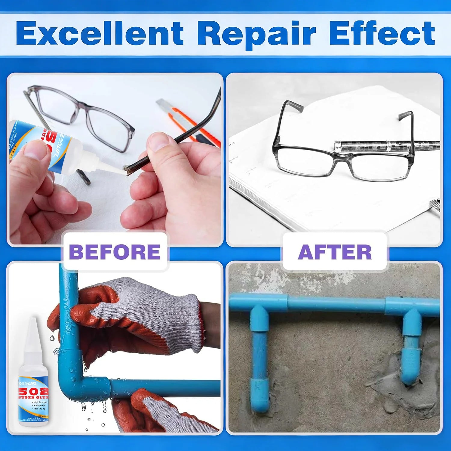 502 Super Glue Strong Adhesive Multi-Purpose Repair Glue for Plastic Metal Rubber Wood Ceramic DIY Craft Household Hand Tools