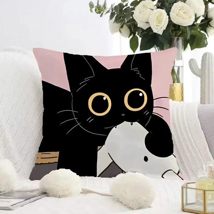 Cute Black Cat Double-sided Printed pillow cover Short plush Suitable living rooms bedrooms sofas throw cushion cover