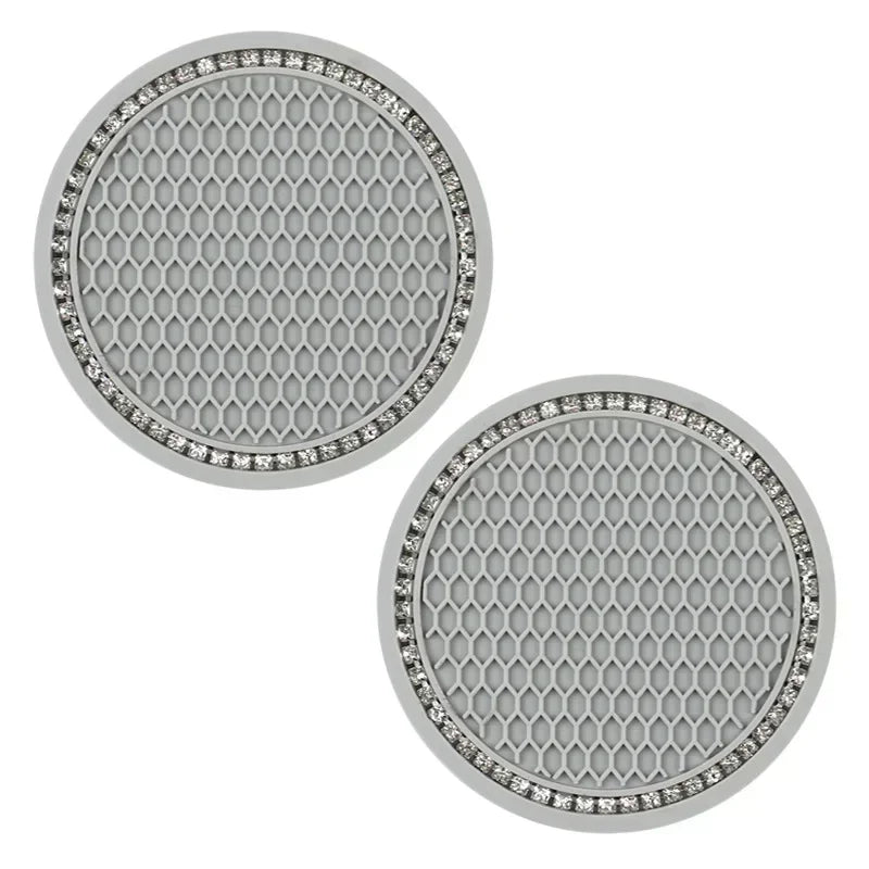 Car Coasters, Universal 2 Pcs Car Coasters for Women Bling Car Accessories, Silicone Anti Slip Crystal Car Cup Holde