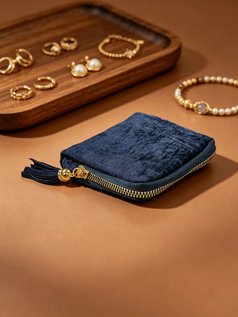 BUYLEMO Retro Velvet Tassel Jewelry Organizer, Portable Zippered Earring & Ring Storage Pouch