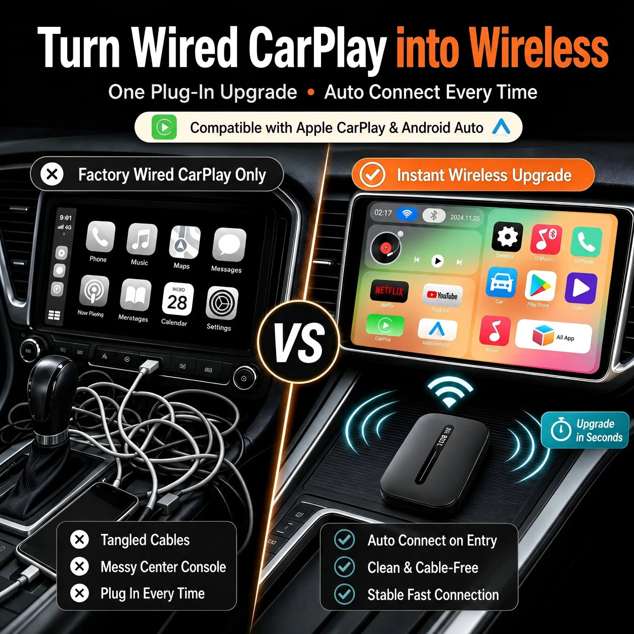 CarPlay AI Box, Android 15, Wireless CarPlay & Wireless Android Auto, Built-in Netflix & YouTube Mazda VW Ford Mercedes Toyota